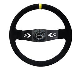 Steering Wheel, Two-Spoke, 350mm, 3 in. Dish, Black Suede Grip, Black Spoke, Yellow Center Mark, Black Stitching, Each