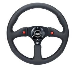 Steering Wheel, Deep Dish, Solid Spokes, 350mm, 2.5 in. Dish, Black Leather Grip, Black Spoke, Black Stitching, Each