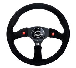 Steering Wheel, Deep Dish, Solid Spokes, 350mm, 2.5 in. Dish, Black Suede Grip, Black Spoke, Black Stitching, Each