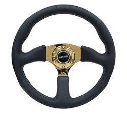 Steering Wheel, Deep Dish, Solid Spokes, 350mm, 2.5 in. Dish, Black Leather Grip, Gold Spoke, Black Stitching, Each