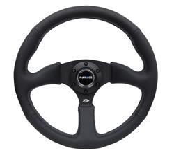 Steering Wheel, Deep Dish, Solid Spokes, 350mm, 2.5 in. Dish, Black Leather Grip, Matte black Spoke, Black Stitching, Each