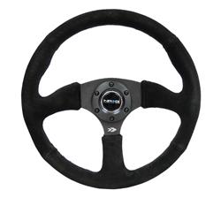 Steering Wheel, Deep Dish, Solid Spokes, 350mm, 2.5 in. Dish, Black Suede Grip, Matte black Spoke, Black Stitching, Each