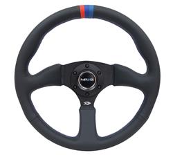 Steering Wheel, Deep Dish, Solid Spokes, 350mm, 2.5 in. Dish, Black Leather Grip, Matte black Spoke, BMW M Center Mark, BMW M Stitching, Each