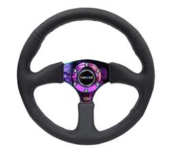 Steering Wheel, Deep Dish, Solid Spokes, 350mm, 2.5 in. Dish, Black Leather Grip, Neo-chrome Spoke, Black Stitching, Each
