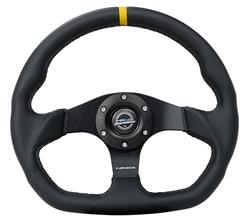 Steering Wheel, Flat Bottom, 320mm, Flat, Black Leather Grip, Matte black Spoke, Yellow Center Mark, Black Stitching, Each