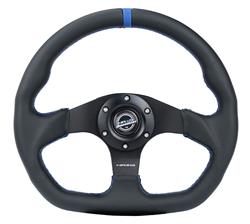 Steering Wheel, Flat Bottom, 320mm, Flat, Black Leather Grip, Matte black Spoke, Blue Center Mark, Blue Stitching, Each