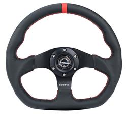 Steering Wheel, Flat Bottom, 320mm, Flat, Black Leather Grip, Black Spoke, Red Center Mark, Red Stitching, Each