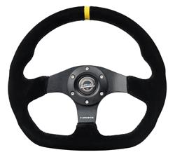 Steering Wheel, Flat Bottom, 320mm, Flat, Black Suede Grip, Matte black Spoke, Yellow Center Mark, Black Stitching, Each