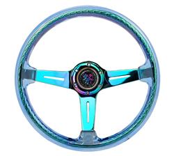 Steering Wheel, Deep Dish, Slit Spokes, 350mm, 2 in. Dish, Blue Acrylic Grip, Neo-chrome Spoke, Each