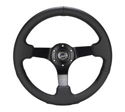 Steering Wheel, Deep Dish, Solid Spokes, 330mm, 3 in. Dish, Black Leather Grip, Matte black Spoke, Black Stitching, Each