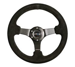 Steering Wheel, Deep Dish, Solid Spokes, 330mm, 3 in. Dish, Black Suede Grip, Matte black Spoke, Black Stitching, Each