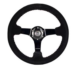 Steering Wheel, Deep Dish, Solid Spokes, 350mm, 3 in. Dish, Black Suede Grip, Black Spoke, Red Stitching, Each