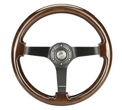 Steering Wheel, Deep Dish, Solid Spokes, 350mm, 3 in. Dish, Black Wood Grip, Black Spoke, Each