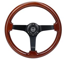 Steering Wheel, Deep Dish, Solid Spokes, 350mm, 3 in. Dish, Wood Grip, Matte black Spoke, Each