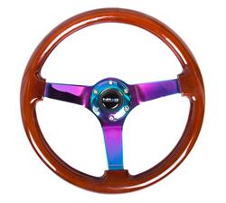 Steering Wheel, Deep Dish, Solid Spokes, 350mm, 3 in. Dish, Wood Grip, Neo-chrome Spoke, Each