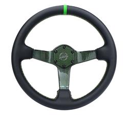 Steering Wheel, Carbon Fiber, 350mm, 3 in. Dish, Black Leather Grip, Green Spoke, Green Center Mark, Green Stitching, Each