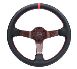 Steering Wheel, Carbon Fiber, 350mm, 3 in. Dish, Black Leather Grip, Red Spoke, Red Center Mark, Red Stitching, Each