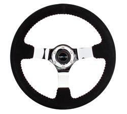 Steering Wheel, Deep Dish, Solid Spokes, 350mm, 3 in. Dish, Black Suede Grip, Chrome Spoke, Red Stitching, Each