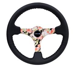 Steering Wheel, Deep Dish, Solid Spokes, 350mm, 3 in. Dish, Black Leather Grip, Floral Spoke, Black Stitching, Each