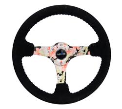 Steering Wheel, Deep Dish, Solid Spokes, 350mm, 3 in. Dish, Black Suede Grip, Floral Spoke, Black Stitching, Each