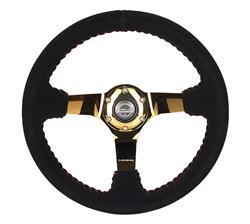 Steering Wheel, Deep Dish, Solid Spokes, 350mm, 3 in. Dish, Black Suede Grip, Gold Spoke, Red Stitching, Each