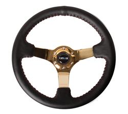 Steering Wheel, Deep Dish, Solid Spokes, 350mm, 3 in. Dish, Black Leather Grip, Gold Spoke, Red Stitching, Each