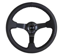 Steering Wheel, Deep Dish, Solid Spokes, 350mm, 3 in. Dish, Black Leather Grip, Matte black Spoke, Black Stitching, Each