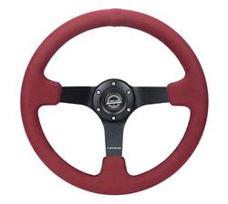 Steering Wheel, Deep Dish, Solid Spokes, 350mm, 3 in. Dish, Burgundy Alcantara Grip, Matte black Spoke, Black Stitching, Each