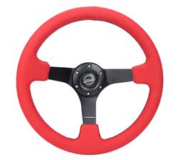 Steering Wheel, Deep Dish, Solid Spokes, 350mm, 3 in. Dish, Red Alcantara Grip, Matte black Spoke, Black Stitching, Each