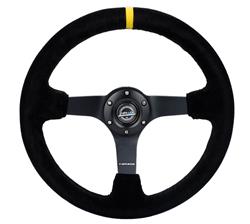 Steering Wheel, Deep Dish, Solid Spokes, 350mm, 3 in. Dish, Black Suede Grip, Matte black Spoke, Yellow Center Mark, Black Stitching, Each