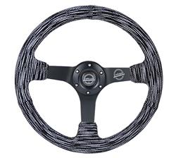 Steering Wheel, Deep Dish, Solid Spokes, 350mm, 3 in. Dish, Black/White Microfiber Grip, Matte black Spoke, Black Stitching, Each