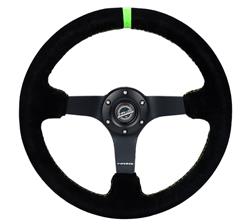 Steering Wheel, Deep Dish, Solid Spokes, 350mm, 3 in. Dish, Black Suede Grip, Matte black Spoke, Green Center Mark, Green Stitching, Each