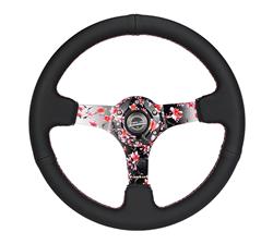 Steering Wheel, Deep Dish, Solid Spokes, 350mm, 3 in. Dish, Black Leather Grip, Sakura Spoke, Pink Stitching, Each