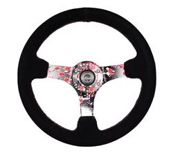 Steering Wheel, Deep Dish, Solid Spokes, 350mm, 3 in. Dish, Black Suede Grip, Sakura Spoke, Pink Stitching, Each