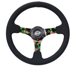 Steering Wheel, Deep Dish, Solid Spokes, 350mm, 3 in. Dish, Black Leather Grip, Tropical Spoke, Black Stitching, Each