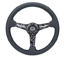 Steering Wheel, NRG Sport, 350mm, 1.5 in. Dish, Black Leather Grip, Black/White Spoke, Black Stitching, Each