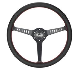 Steering Wheel, Classic Stealth, 380mm, 1 in. Dish, Black Leather Grip, Black Spoke, Red Stitching, Each