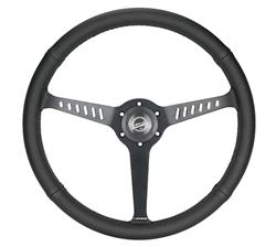 Steering Wheel, Classic Stealth, 380mm, 1 in. Dish, Black Leather Grip, Black Spoke, Black Stitching, Each