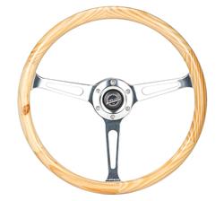 Steering Wheel, Classic Woodgrain, 380mm, Flat, Wood Grip, Chrome Spoke, Each