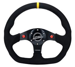 Steering Wheel, Flat Bottom, 320mm, Flat, Black Alcantara Grip, Matte black Spoke, Yellow Center Mark, Black Stitching, Each