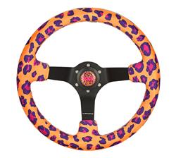 Steering Wheel, Savage Inspired, 350mm, 3 in. Dish, Orange Microfiber Grip, Matte black Spoke, Pink Stitching, Each