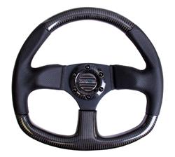 Steering Wheel, Flat Bottom, Carbon Fiber, 320mm, Black Leather Grip, Black Stitching, Each