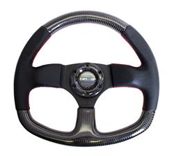 Steering Wheel, Flat Bottom, Carbon Fiber, 320mm, Black Leather Grip, Red Stitching, Each