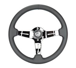 Steering Wheel, Light Weight Gaming Steering Wheel, 13 3/4 in. Diameter, 6 Bolt, Black Leather Grip, Black Chrome Spokes, Sold individually