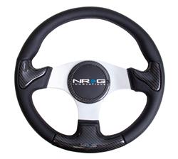 Steering Wheel, Carbon Fiber, 13 3/4 in. Diameter, 6 Bolt, Black Leather/Carbon Fiber Grip, Silver Spokes, Sold individually