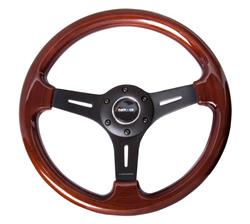 Steering Wheel, Classic Woodgrain, 13 in. Diameter, 6 Bolt, Mahogany Woodgrain Grip, Black Spokes, Sold individually