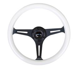 Steering Wheel, Classic Woodgrain, 13 3/4 in. Diameter, 6 Bolt, White/Green Glow-In-The-Dark Grip, Black Spokes, Sold individually