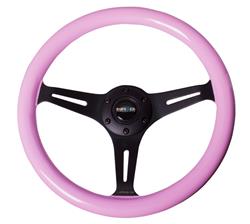 Steering Wheel, Classic Woodgrain, 13 3/4 in. Diameter, 6 Bolt, Solid Pink Grip, Black Spokes, Sold individually