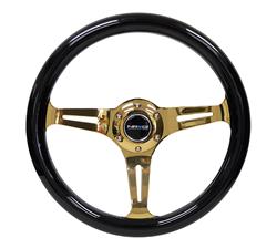 Steering Wheel, Classic Woodgrain, 13 3/4 in. Diameter, 6 Bolt, Black Grip, Chrome Gold Spokes, Sold individually