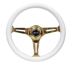 Steering Wheel, Classic Woodgrain, 13 3/4 in. Diameter, 6 Bolt, White Grip, Chrome Gold Spokes, Sold individually